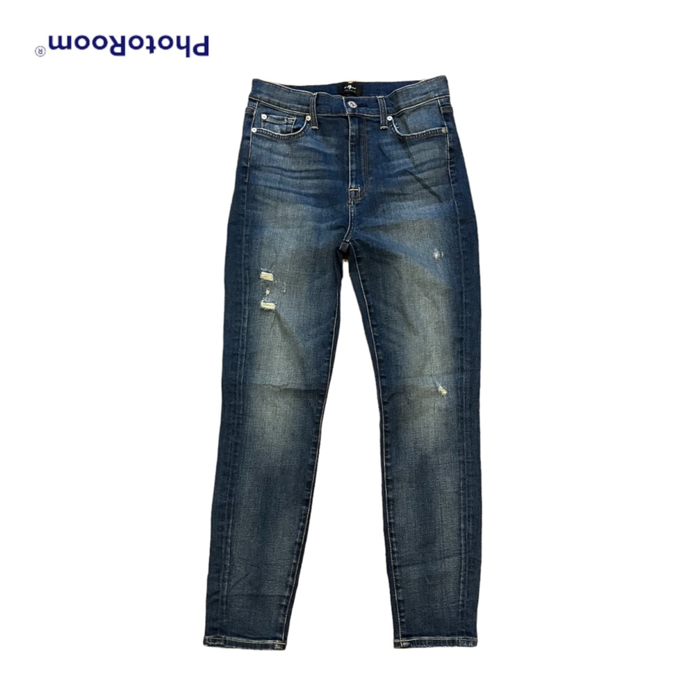 7 For All Mankind Women's Dark Blue Distressed High rise Skinny Jeans